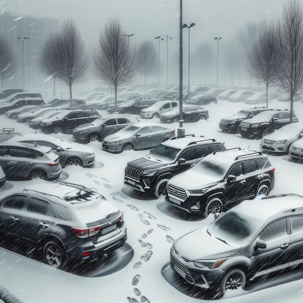 Cars parked outside during a winter storm